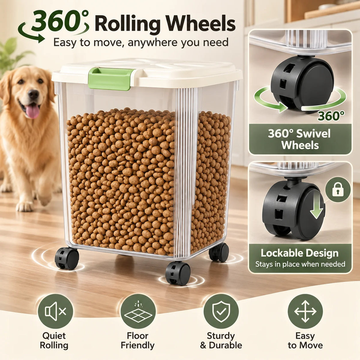 Airtight Pet Food Storage Container With Wheels And Measuring Cup