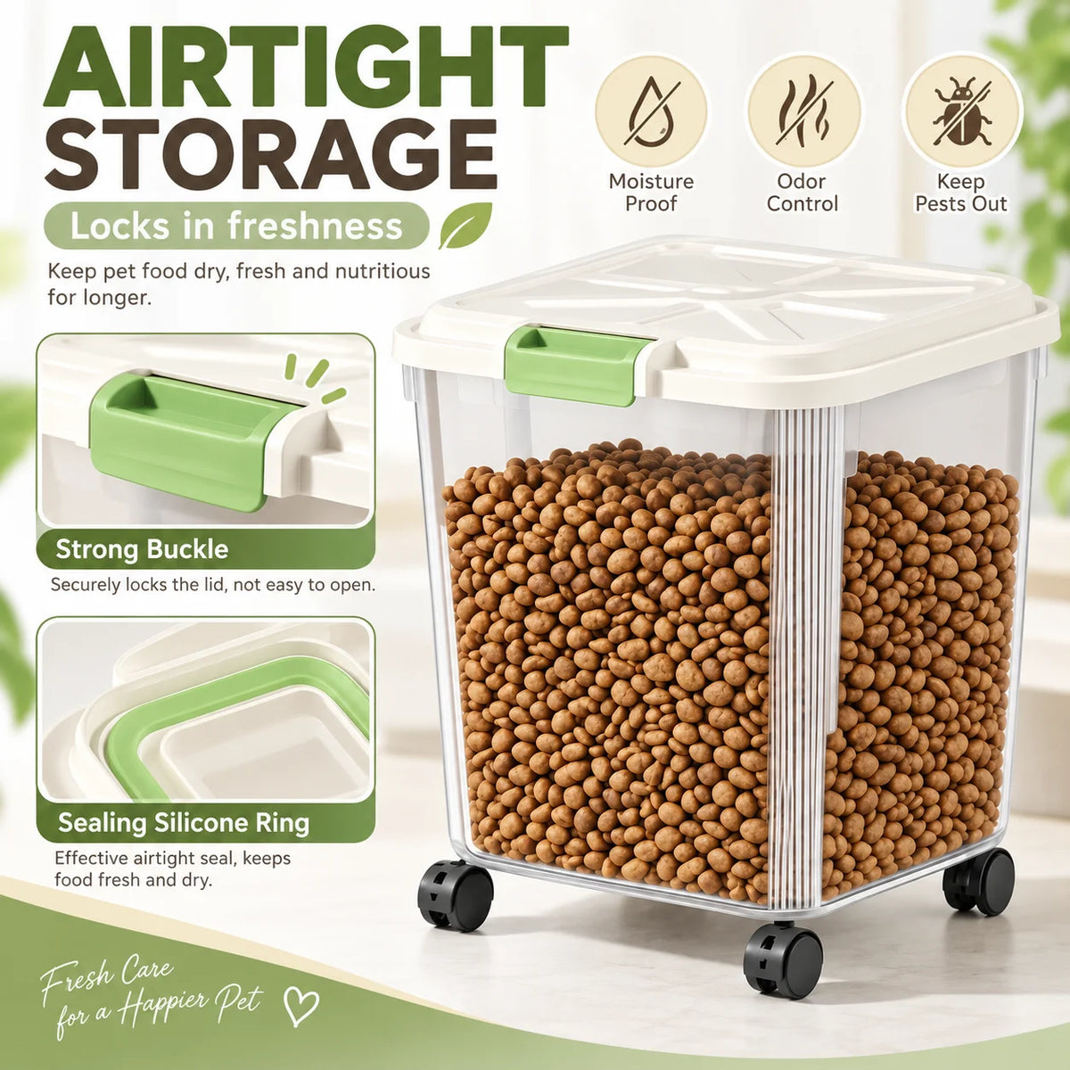 Airtight Pet Food Storage Container With Wheels And Measuring Cup