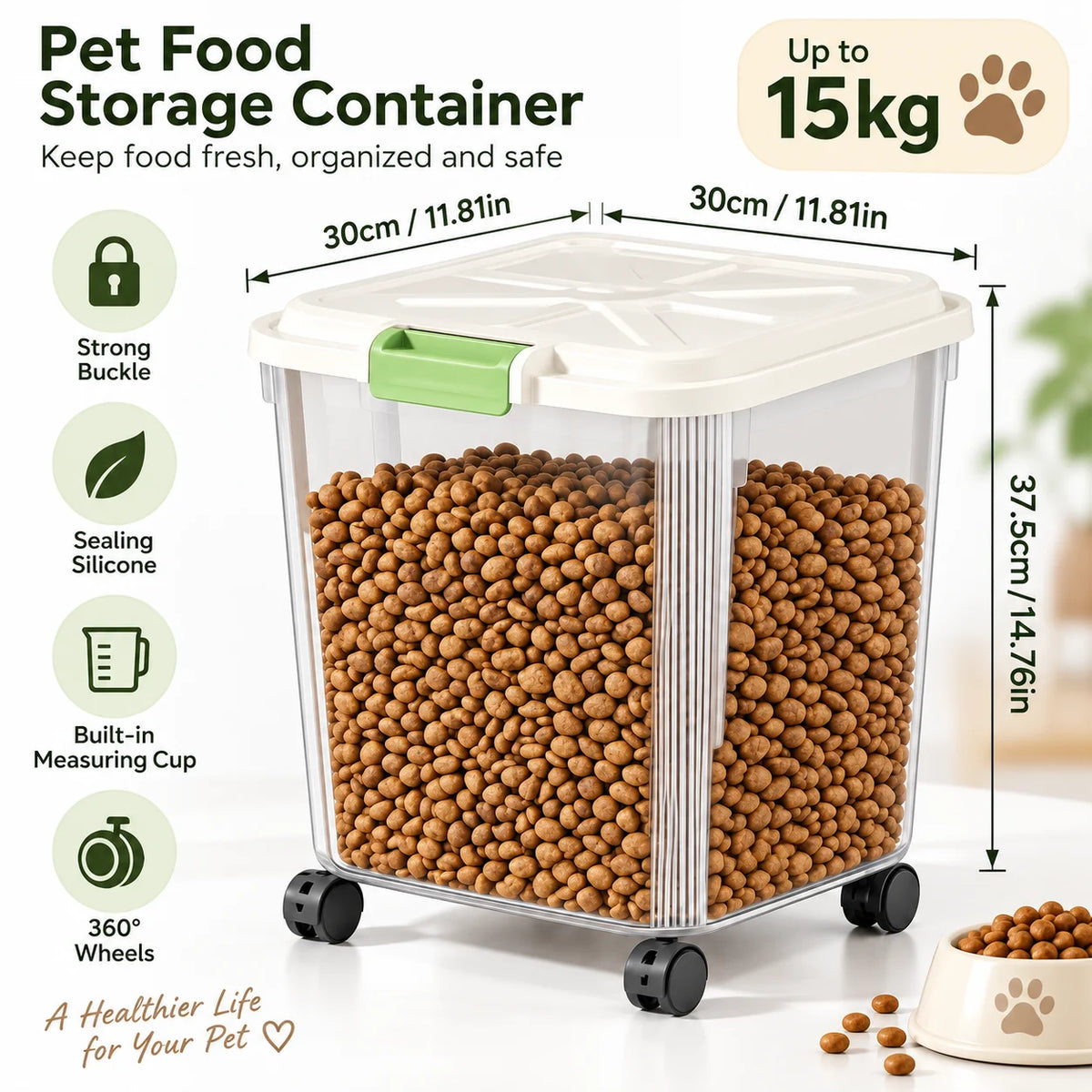 Airtight Pet Food Storage Container With Wheels And Measuring Cup