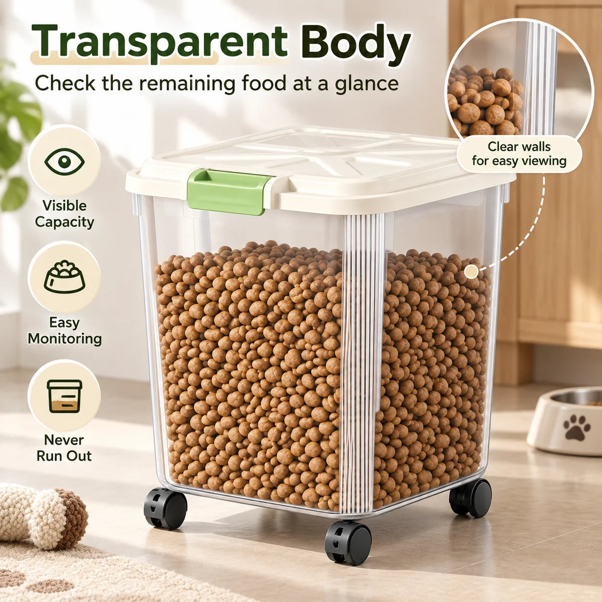 Airtight Pet Food Storage Container With Wheels And Measuring Cup