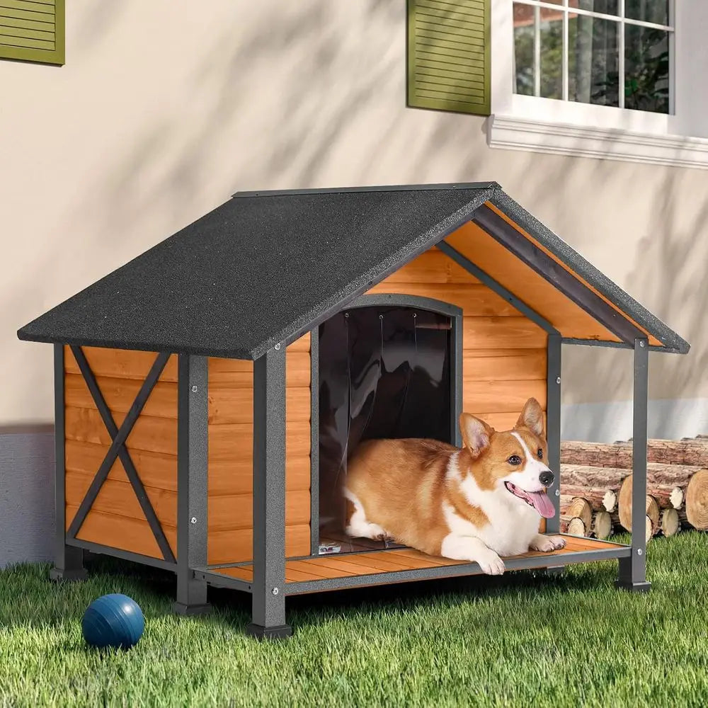Durable Wooden And Metal Dog House With Raised Base