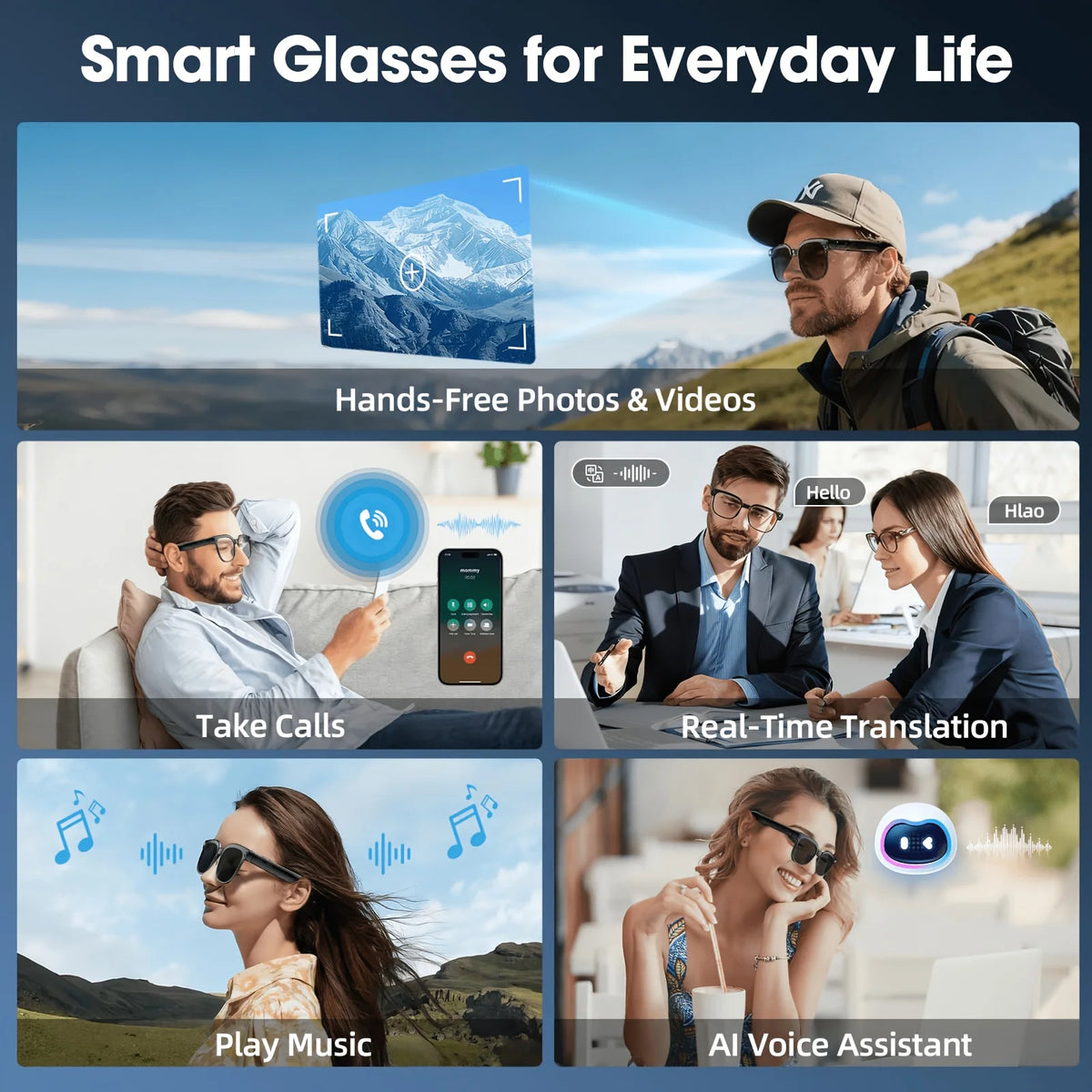 Smart Camera Glasses 8MP Video Ai Translator Bluetooth Color Changing