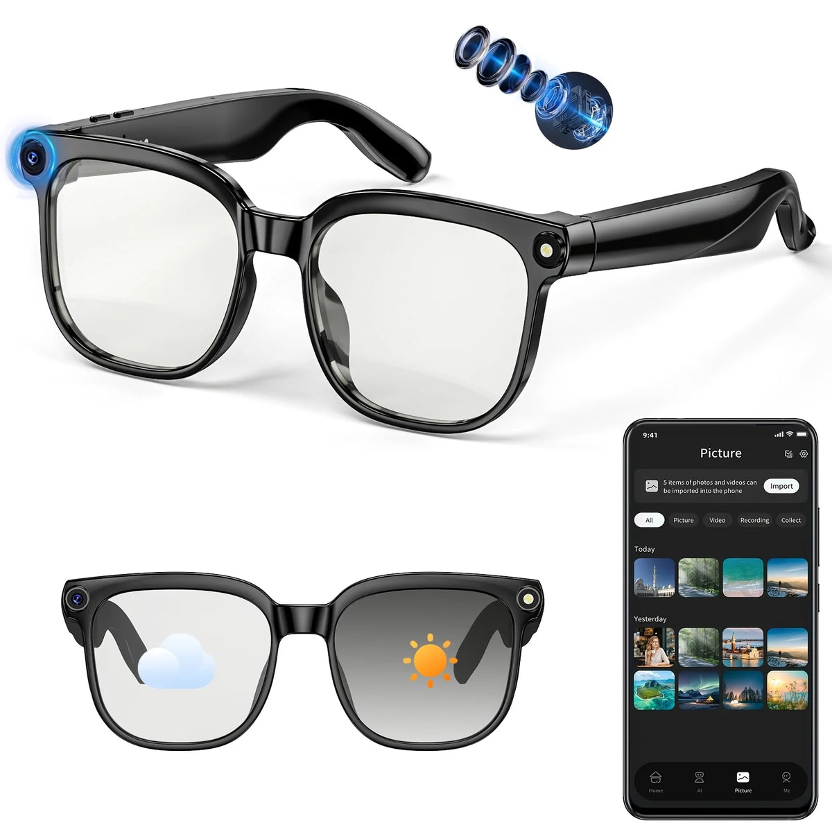Smart Camera Glasses 8MP Video Ai Translator Bluetooth Color Changing