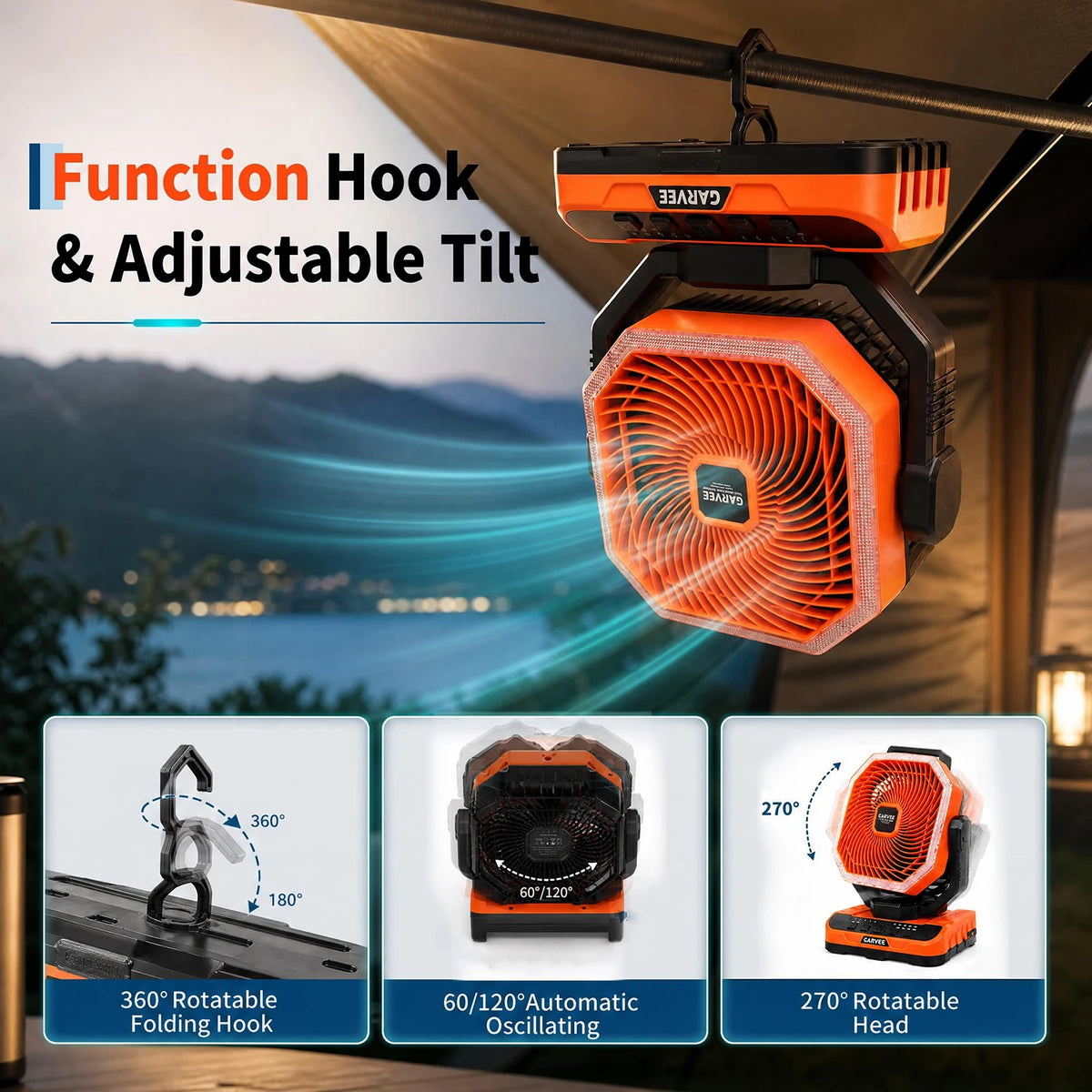 HiMISS Portable Camping Fan With Led Light And Remote Timer