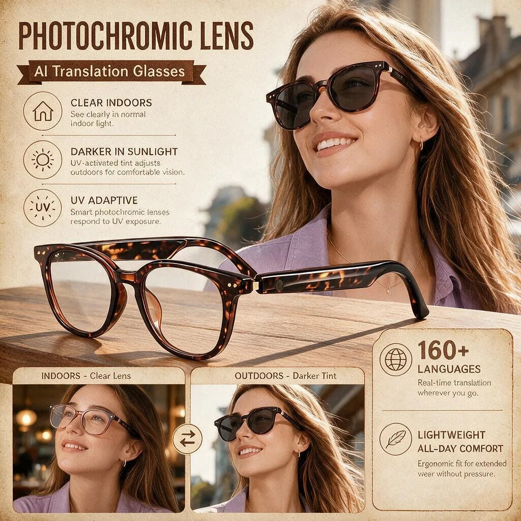 Smart AI Translation Glasses With Bluetooth Audio And Photochromic Lenses