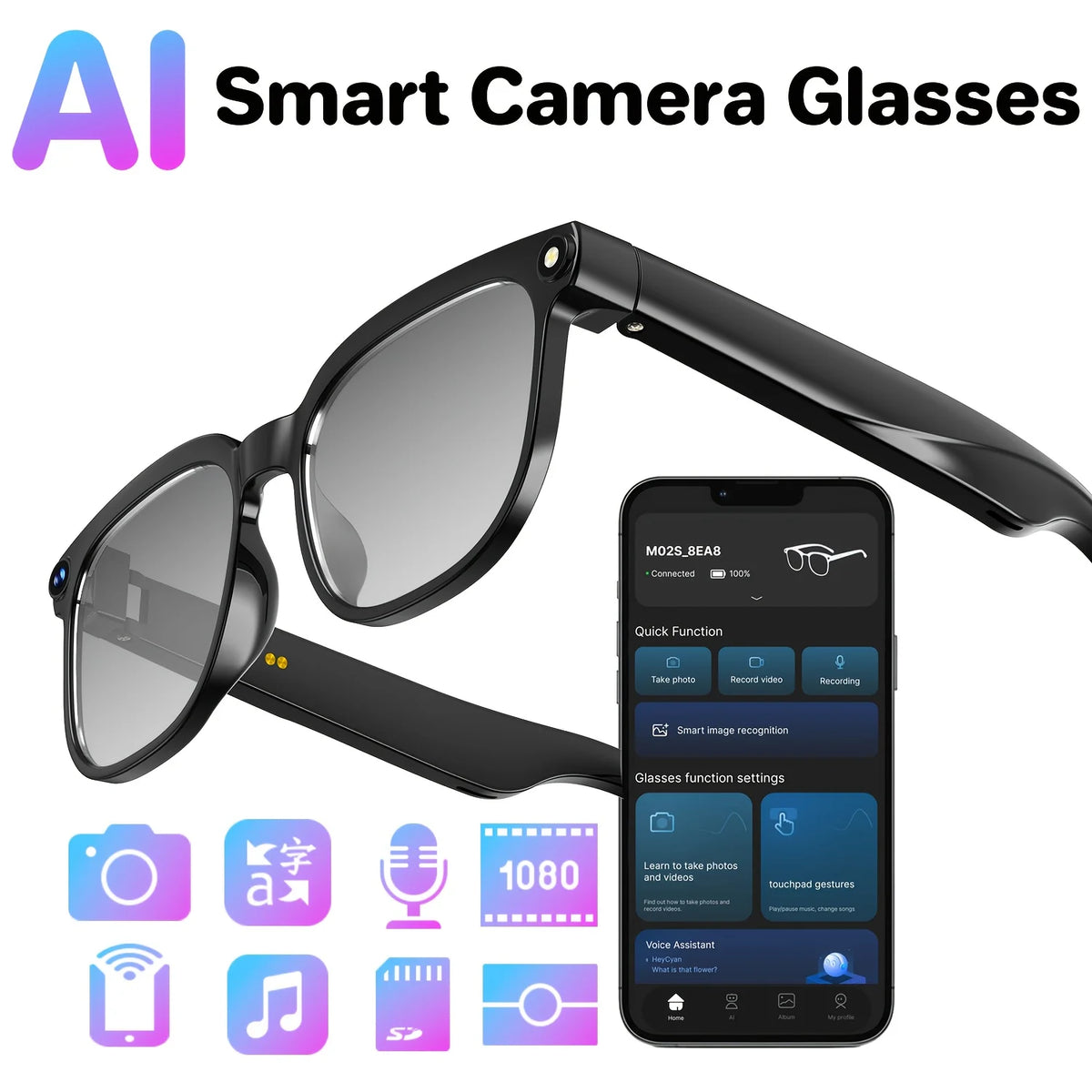 Smart Camera Glasses 8MP Video Ai Translator Bluetooth Color Changing