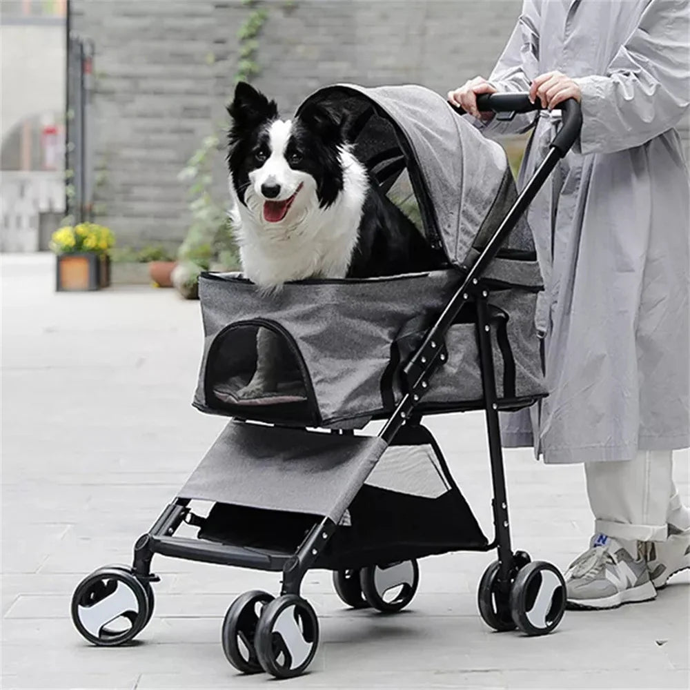 Foldable Pet Stroller With Four Wheels And Rain Cover