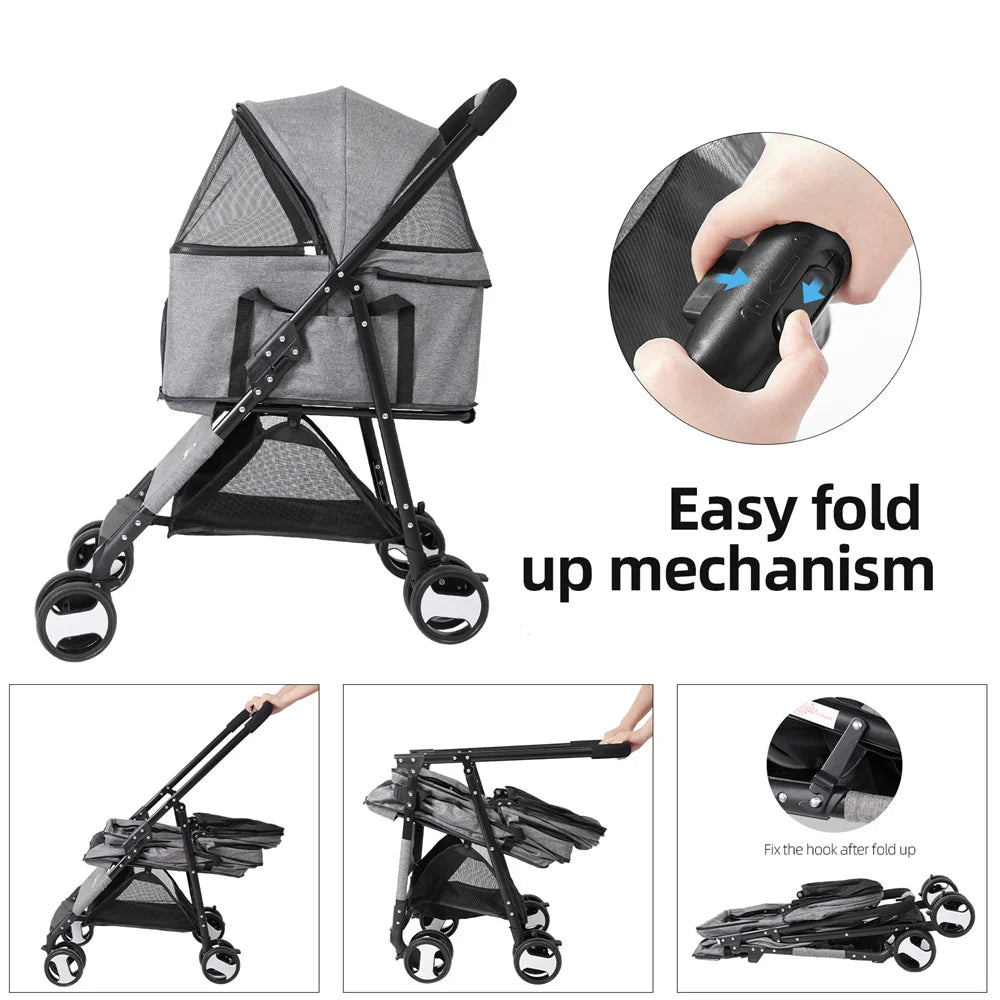 Foldable Pet Stroller With Four Wheels And Rain Cover