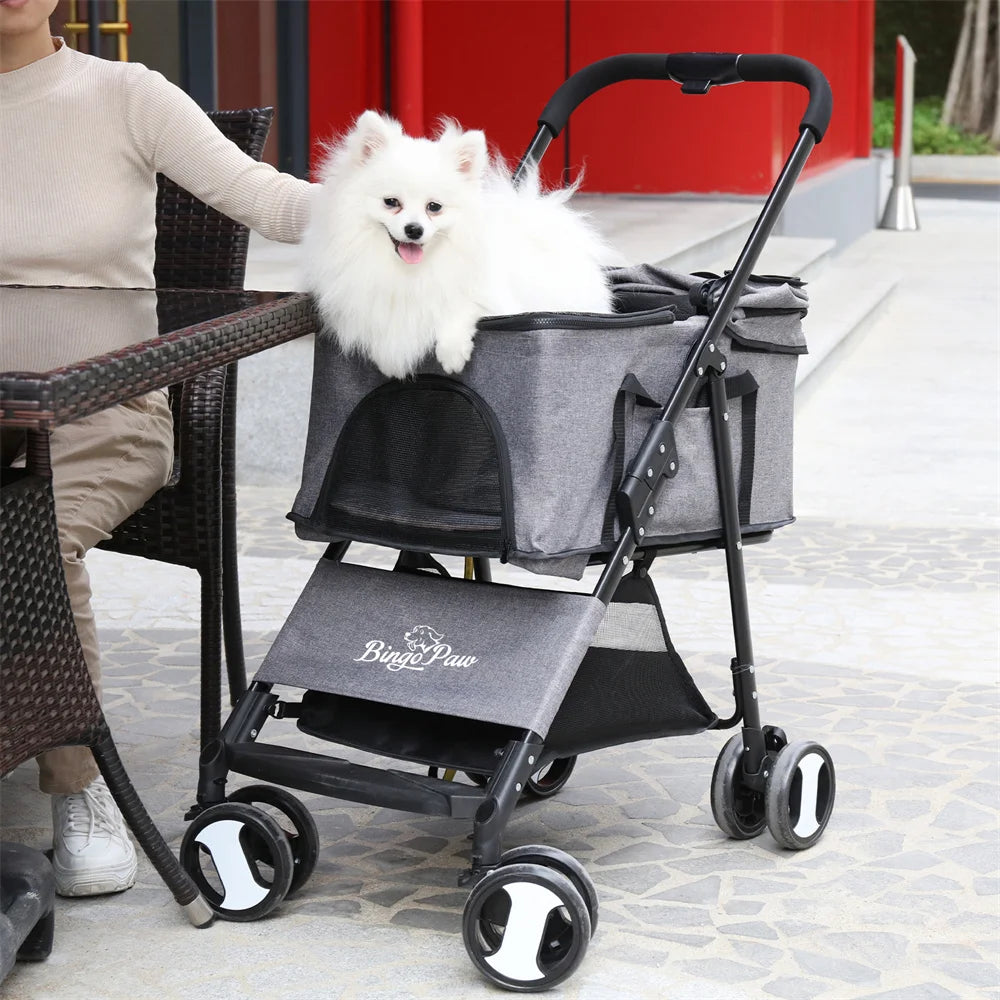 Foldable Pet Stroller With Four Wheels And Rain Cover