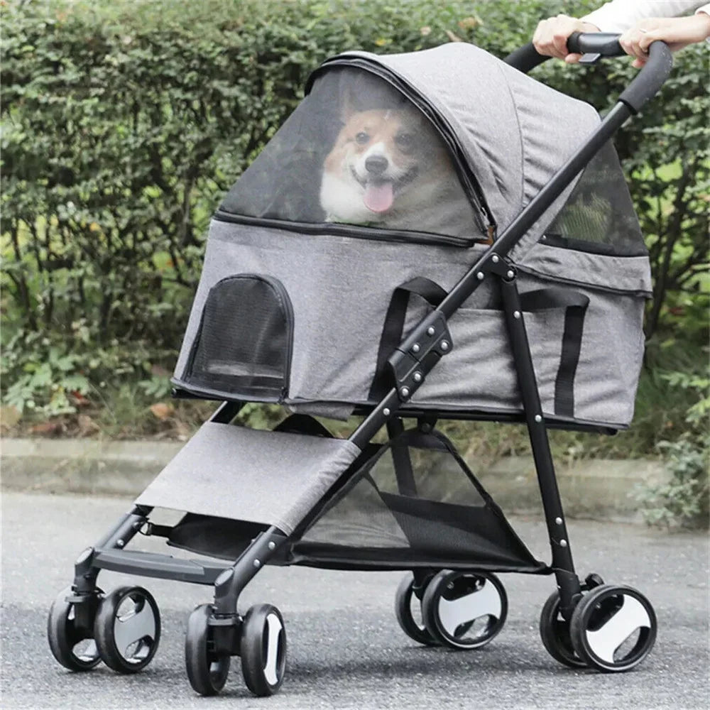 Foldable Pet Stroller With Four Wheels And Rain Cover