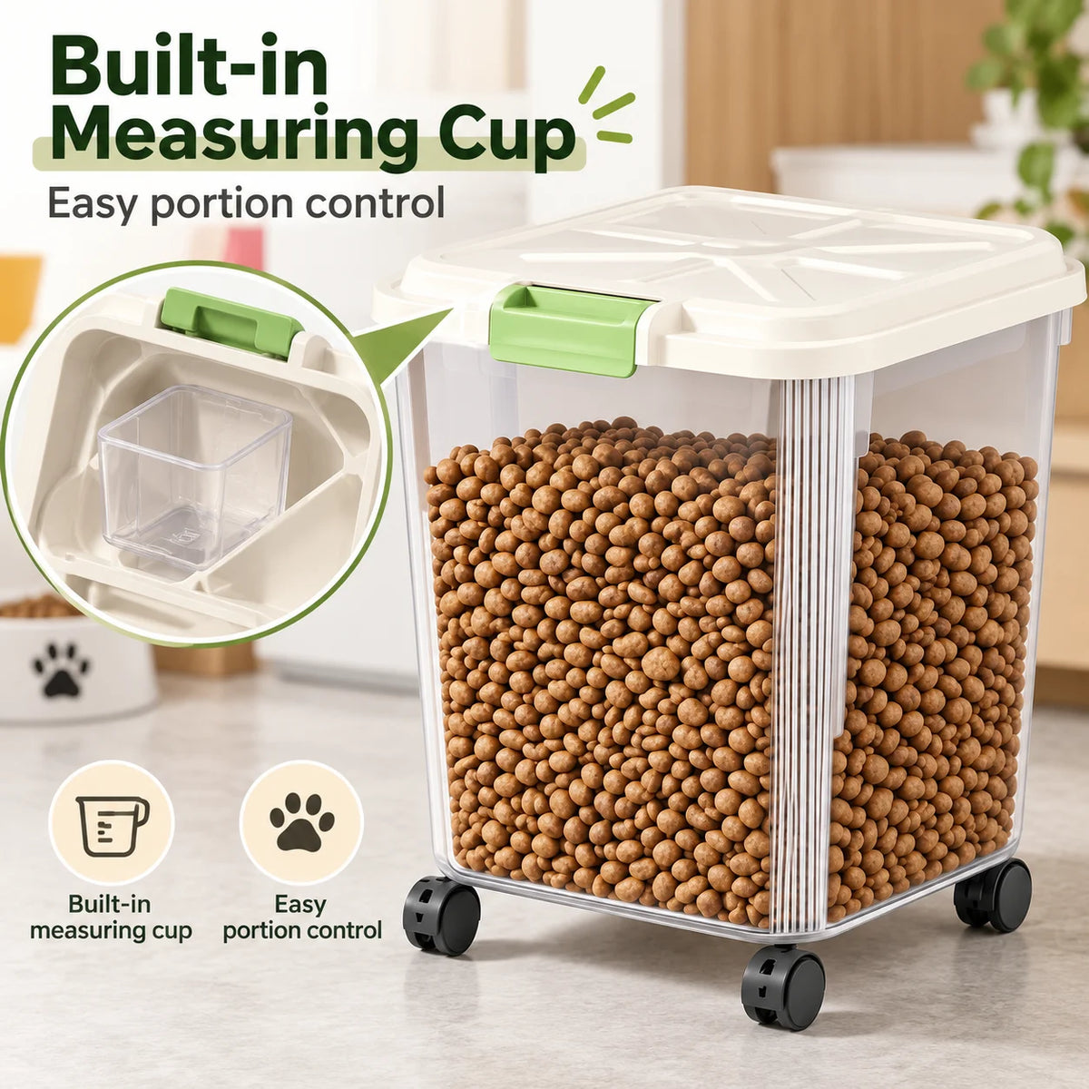 Airtight Pet Food Storage Container With Wheels And Measuring Cup