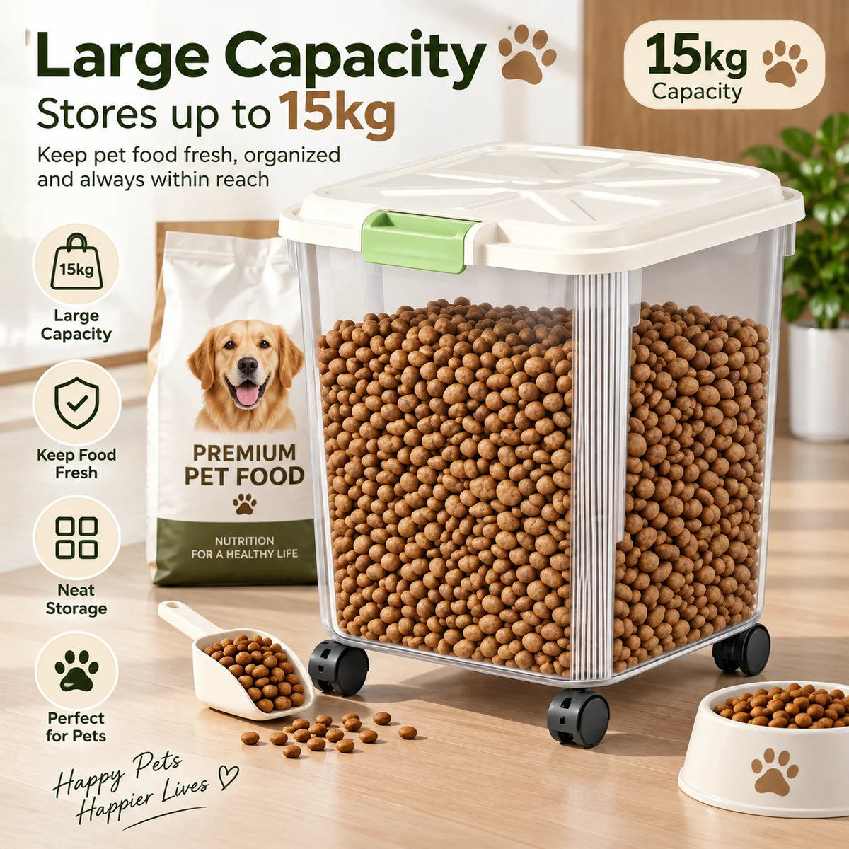 Airtight Pet Food Storage Container With Wheels And Measuring Cup