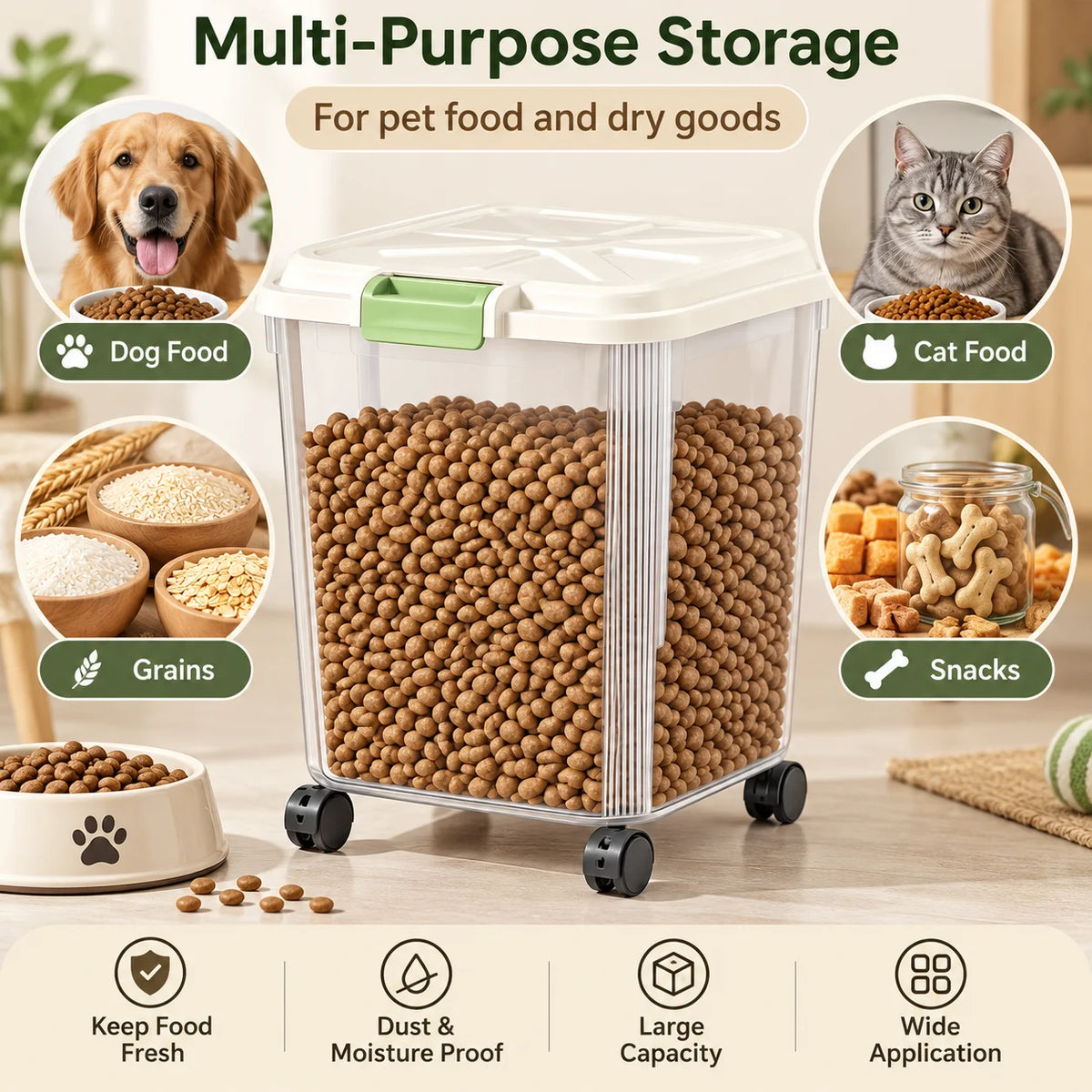 Airtight Pet Food Storage Container With Wheels And Measuring Cup