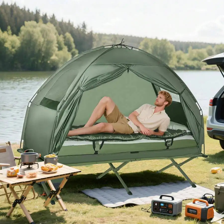 Folding Aluminum Camping Cot Tent With Sleeping Bag Air Mattress