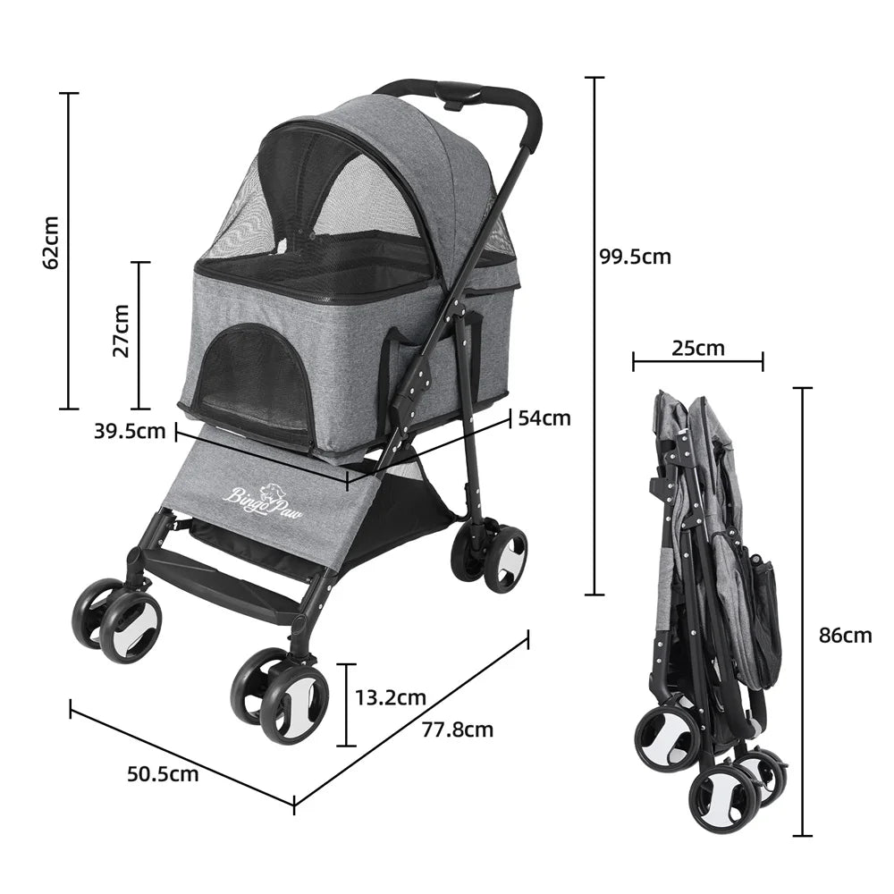 Foldable Pet Stroller With Four Wheels And Rain Cover