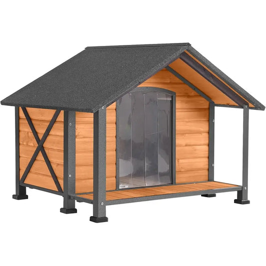 Durable Wooden And Metal Dog House With Raised Base