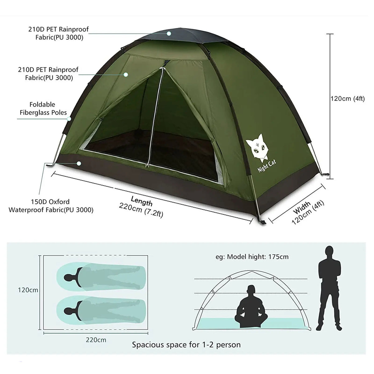 Night Cat Lightweight Waterproof Backpacking Camping Tent