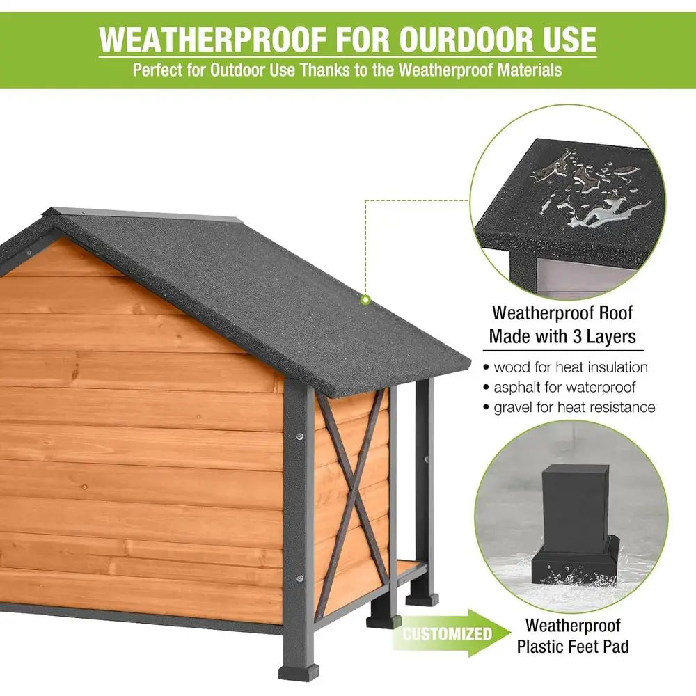 Durable Wooden And Metal Dog House With Raised Base