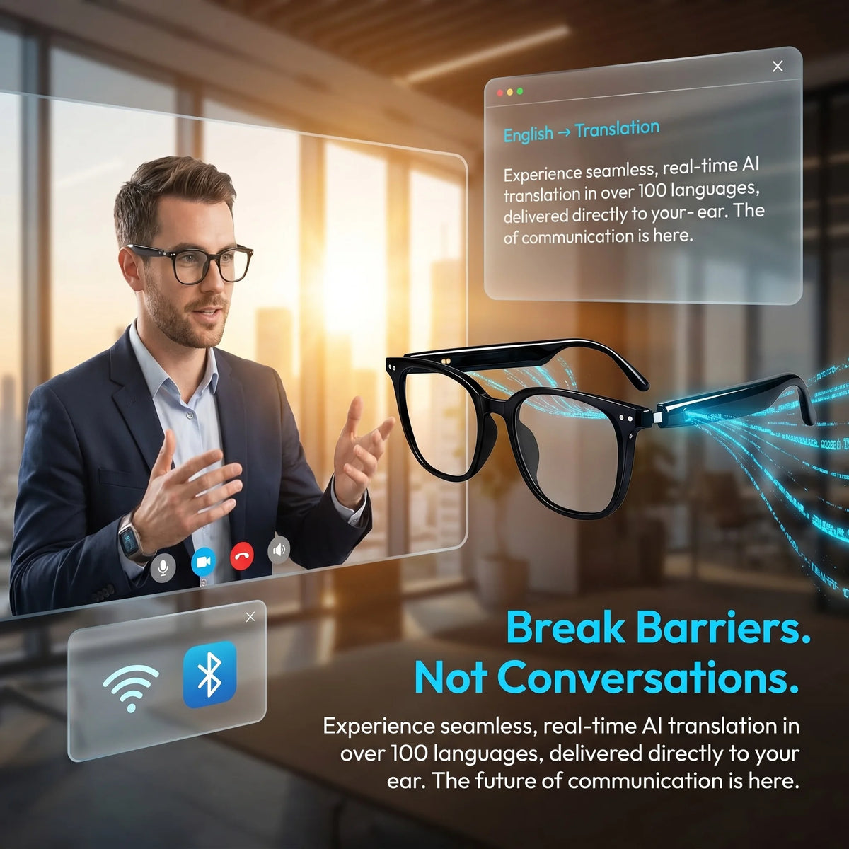 Smart AI Translation Glasses Open Ear Bluetooth Audio Device