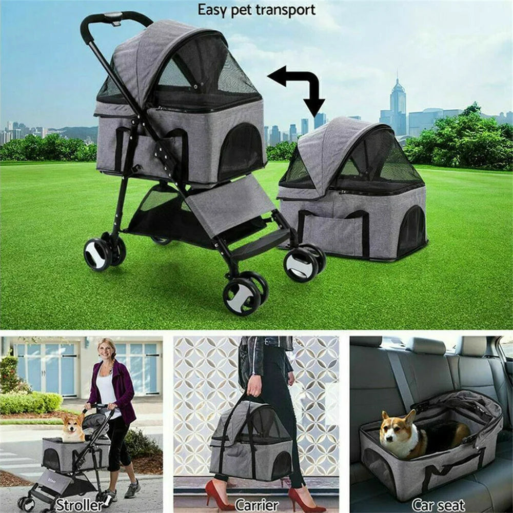 Foldable Pet Stroller With Four Wheels And Rain Cover