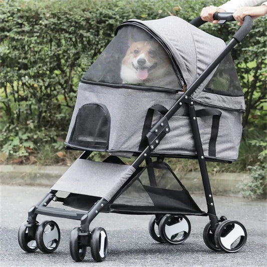 Foldable Pet Stroller With Four Wheels And Rain Cover